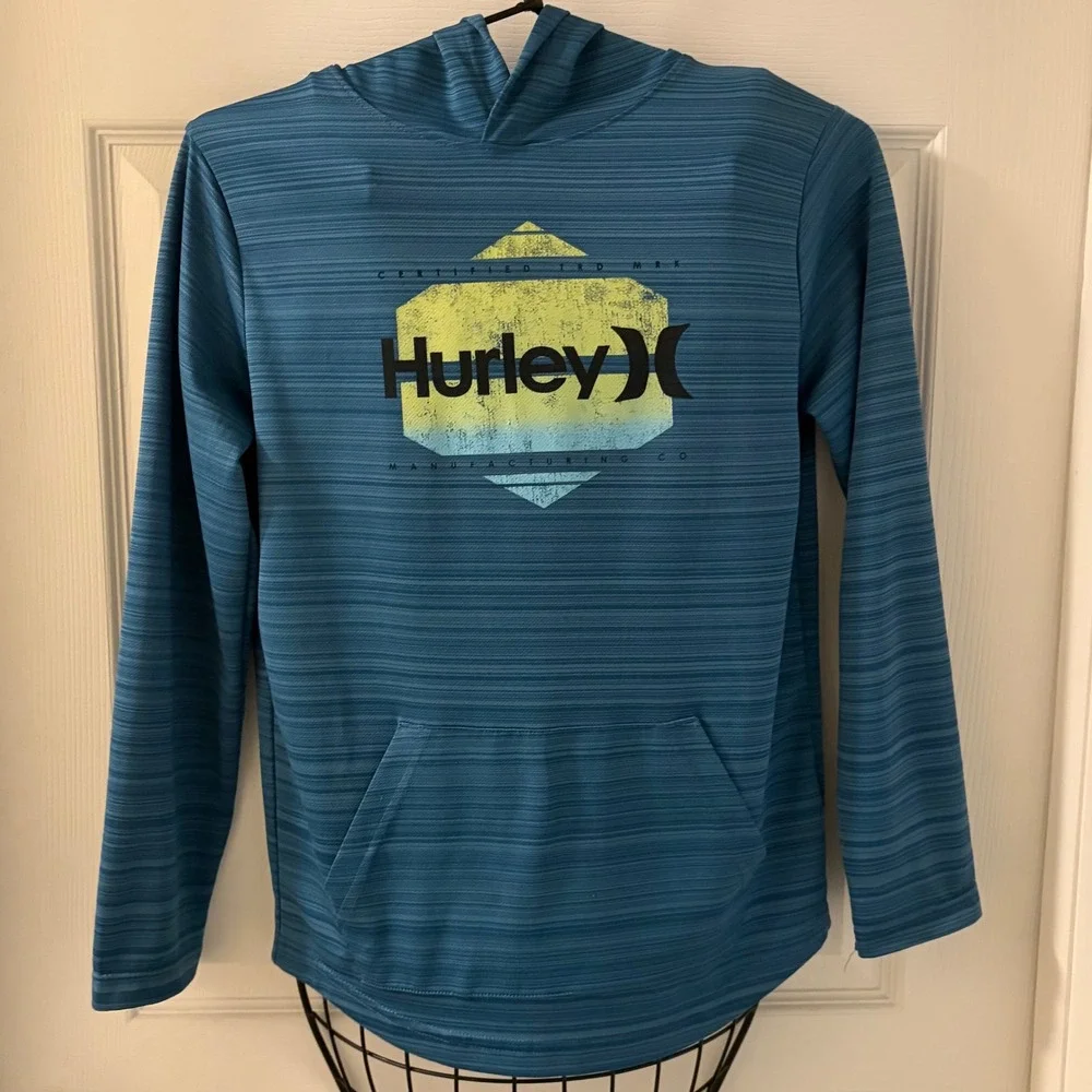 Hurley Boys Blue Space Dye Graphic Logo Performance Hoodie Sweatshirt Sz L 12-13